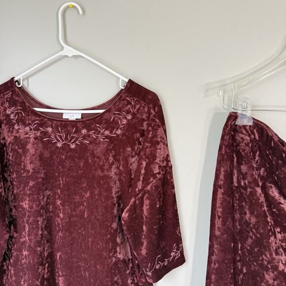 J. Jill Two Piece Skirt Set L Petite Crushed Velvet Maroon Purple Embroidered - Picture 4 of 9